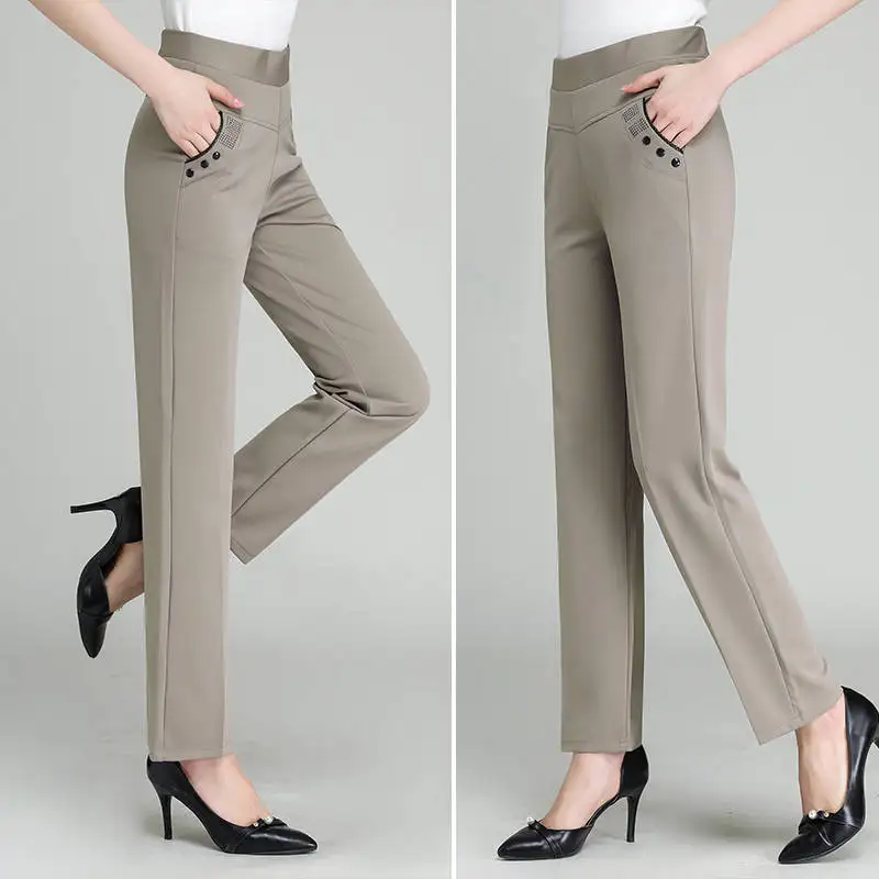 Женщины с высокой талией повседневные брюки новое лето осень эластичность прямые брюки тонкие брюки женские цвета хаки черный плюс размер XL-5XL