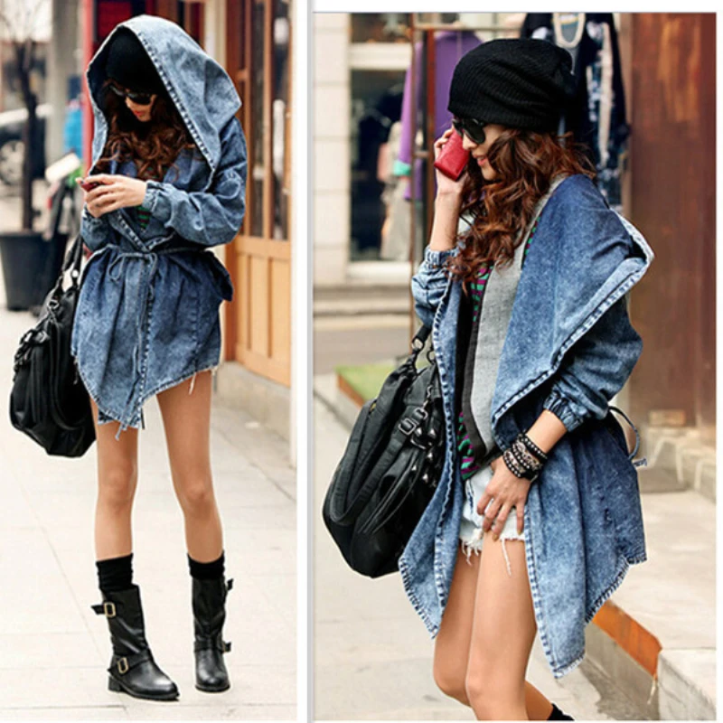 

Fashion Denim Coat Jackets Women Oversized Hooded Outerwear Jeans Wind Coat Fashion Design Denim Female Windbreaker
