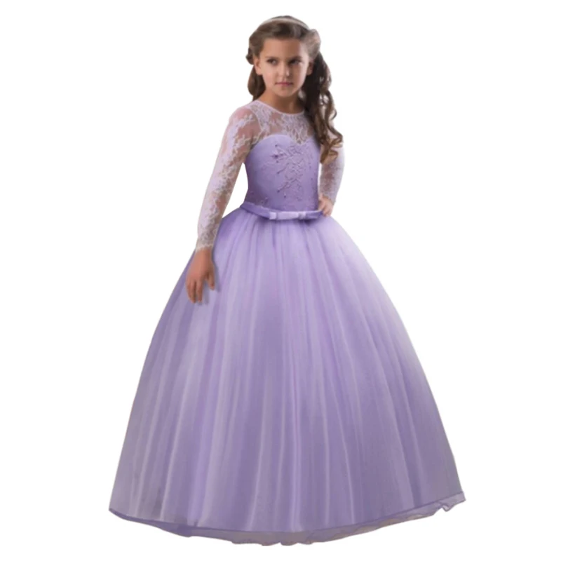 Детские вечерние длинные платья принцессы для девочек; Vestido; детские кружевные платья для причастия с цветочным рисунком; элегантное платье для свадьбы и Рождества - Цвет: Purple
