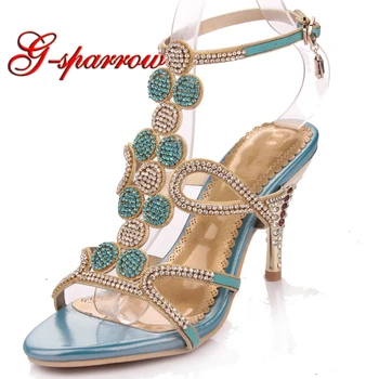 

Beautiful Rhienstone Summer Sandals Turquoise Color High Heel Lady Dress Shoes Date Party Fashion Sandal Plus Size 41 Prom Shoes