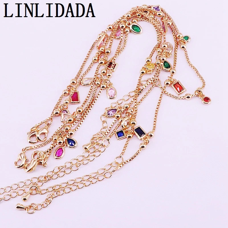 6 шт. Женский Круглый/капля/квадратный геометрический мульти Cz Цирконий Шарм Висячие звенья цепи браслет