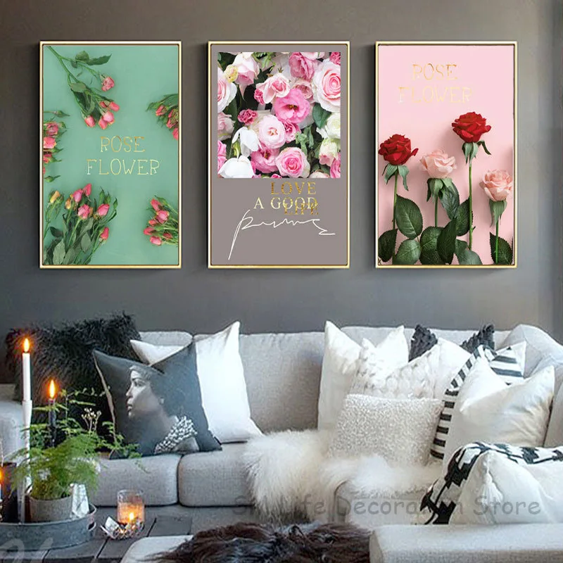 

Posters Flowers Red White Rose Pink Flower Green Leaf Wall Art Nordic Poster Canvas Painting Gold Letter Picture Home Unframed