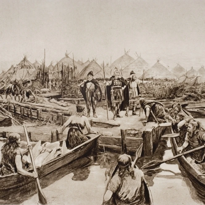England 2 000 Years Ago The Landing Stage Of Prehistoric Lake Village Near Glastonbury From A Reconstructuin Drawing B 3
