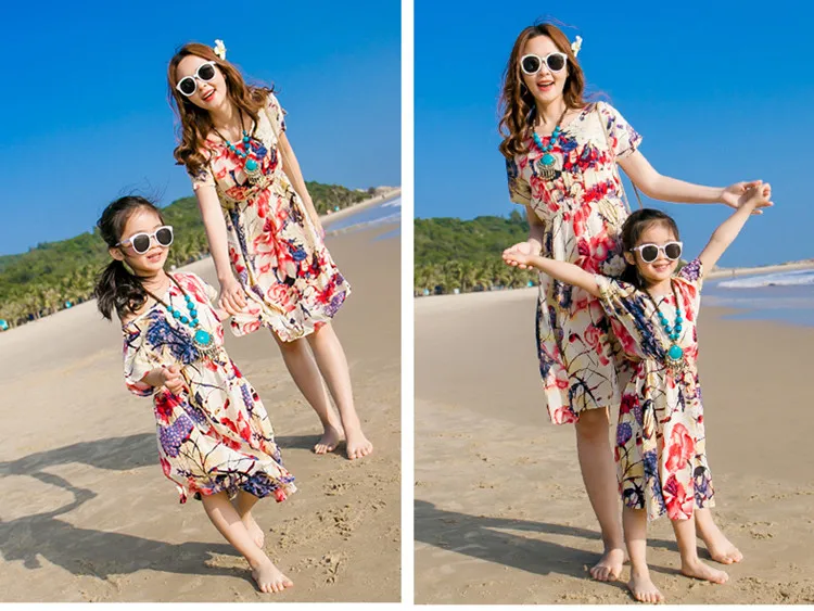 Mommy And Daughter Lotus Printed Dress Daddy Son T shirts And Shorts Family Matching Clothing Set 10