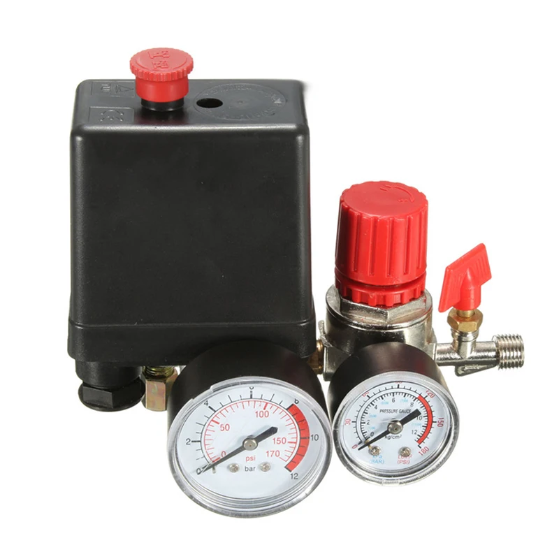 

240V AC Regulator Heavy Duty Air Compressor Pump Pressure Control Switch 4 Port Air Pump Control Valve 7.25-125 PSI with Gauge