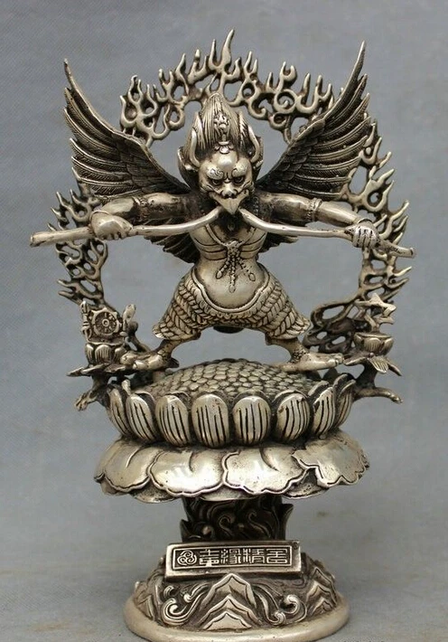 

10" Tibet Silver Buddhist Lotus Redpoll Winged Garuda Bird Eagle Buddha Statue