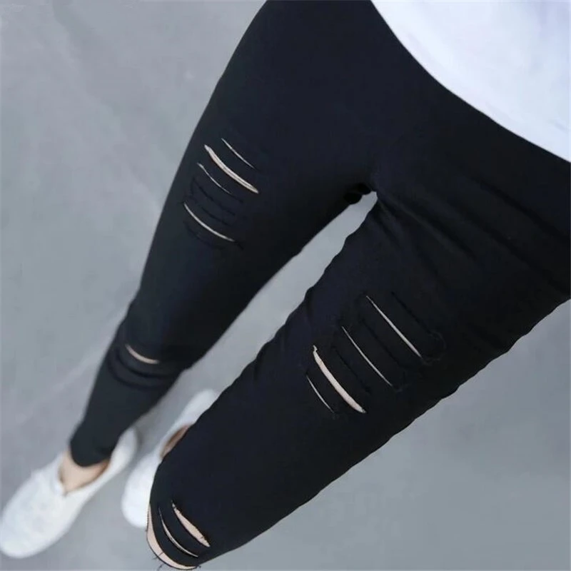 

INDJXND New Fashion High Elastic Cotton Women's Black High Waist Torn Jeans Ripped Hole Knee Skinny Pencil Pants Slim Capris