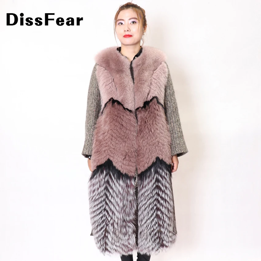

Luxury High Quality Real Fox Fur Coat Patchwork with Wool Blend Jacket Plus Size Fox Fur Collar Winter Coat Women Clothes 2018