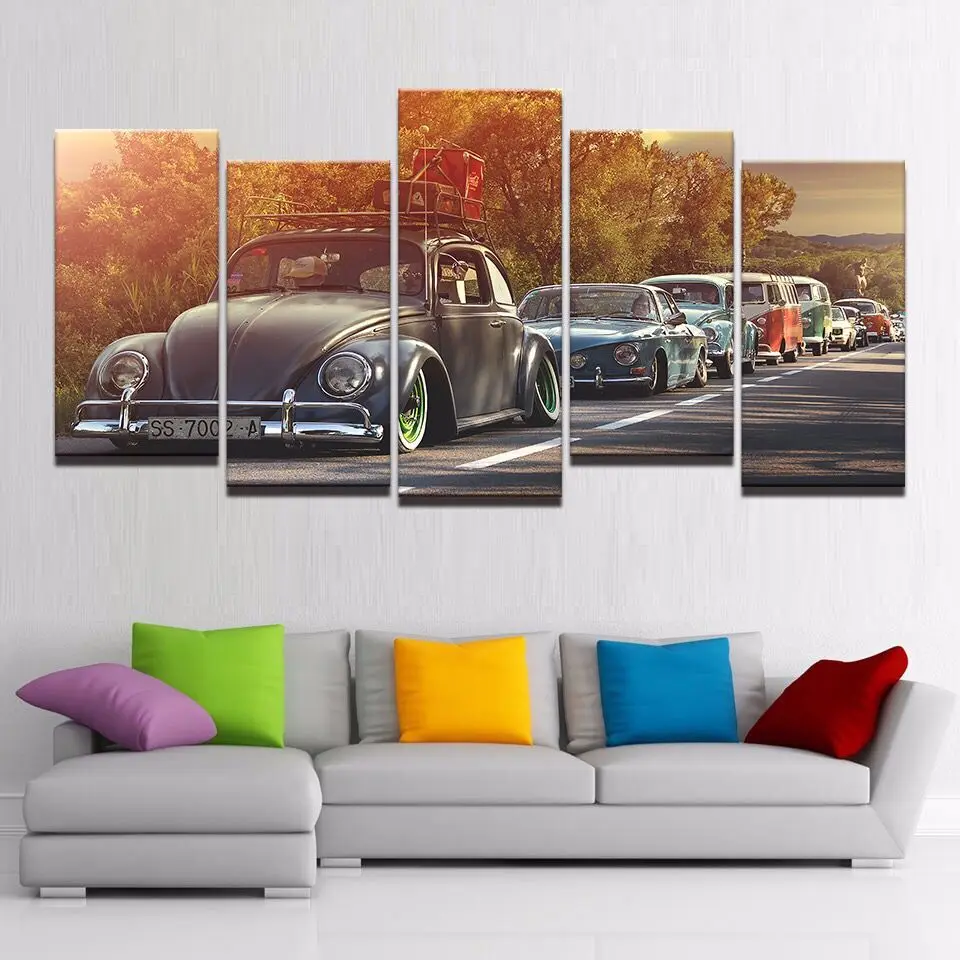 

Modern Home Wall Art Decor Frame Pictures HD Prints 5 Pieces Volkswagen Beetle Car Painting On Canvas Retro Sunset Poster