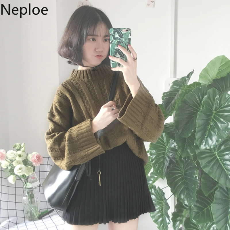 Neploe/корейские модные свитера с длинным рукавом для женщин, вязаный однотонный пуловер с высоким воротом, джемпер, свободный свитер Harajuku большого размера