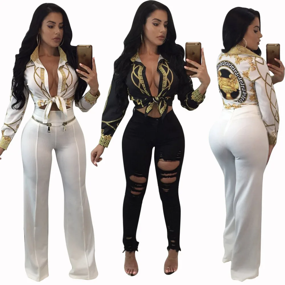 

2019 Spring Women Elegant Party Loose Button Shirt Turn-down Collar Female Print Knot Front Long Sleeve Blouse