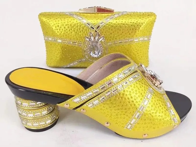 

Wonderful yellow women round heel shoes and bag set with big crystal african shoes match handbag set for dress A1033
