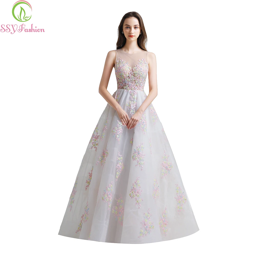 SSYFashion New Evening Dress Banquet White with Colorful Lace Embroidery A-line Sleeveless Ankle-length Party Formal Gown Custom | Свадьбы и