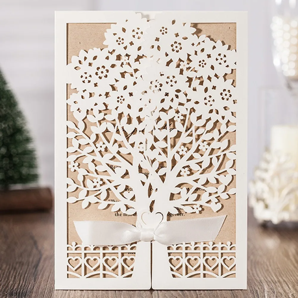 

WISHMADE Vertical Wedding Invitations Cards with White Elegant Laser Cut Tree Design , 1 Piece Sample Card CW6176