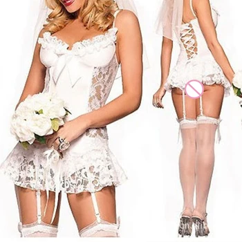 

2017 White Bride Dress Sexy Lingerie Role-playing Costume Lace Hollow-Out Low-Cut Babydolls Sleepwear Brace Mini Dress leepwear