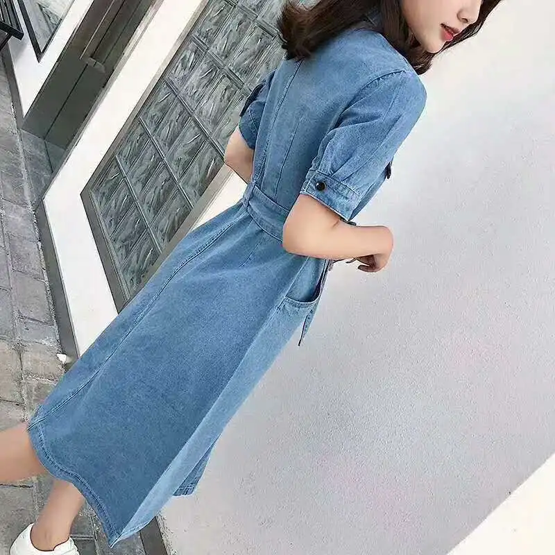 Women Denim dress Pockets Cowboy Lace Up dress women dress 2019 summer style loose high waist bandage Mid Dress Jeans