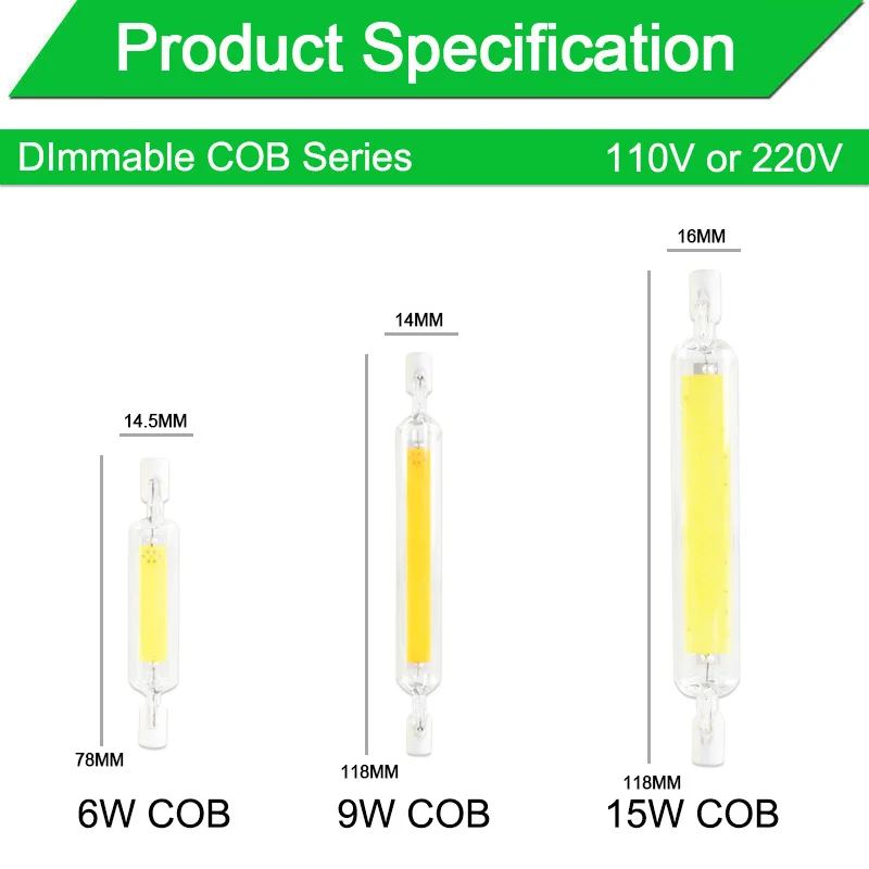 R7S светодиодный лампочка COB стеклянная трубка 78 мм 6 Вт 118 мм 15 Вт лампа с регулируемой яркостью заменить галогенную лампу 80 Вт J118 лампарда диод Точечный светильник AC110V 220 В