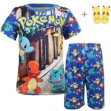 Розничная, новая детская одежда повседневные хлопковые комплекты с покемонами для мальчиков и девочек одежда для малышей детский топ с рисунком+ штаны с носками, пижамный комплект