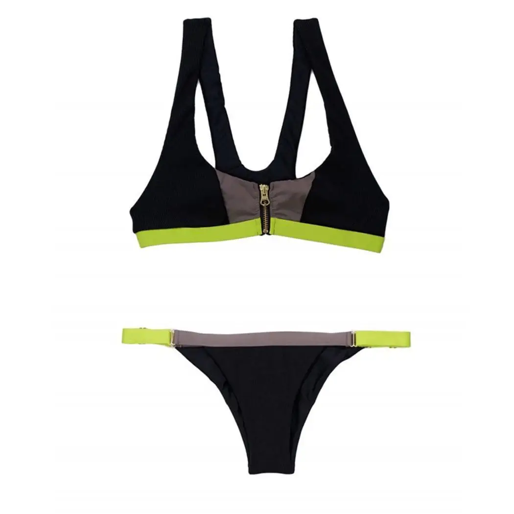 

2PCS Women Fashion Patchwork Zip Top Bikini Set V Neck Swimwear Low Waist Sleeveless Suit Sexy
