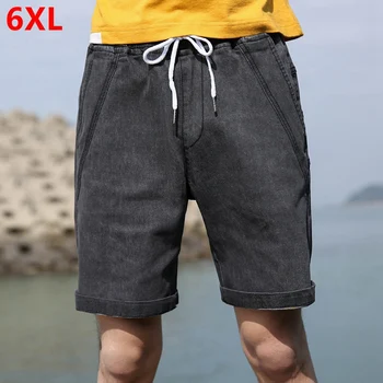 

Big size Denim shorts men's black summer thin section elastic waist tie casual shorts loose large size elastic breeches