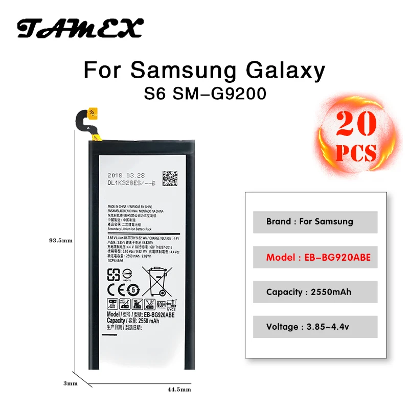 

High Quality Li-ion Replacement Battery For Samsung Galaxy S6 SM-G920 EB-BG920ABE Mobile Phone batteria akku 2550mAh 20PCS