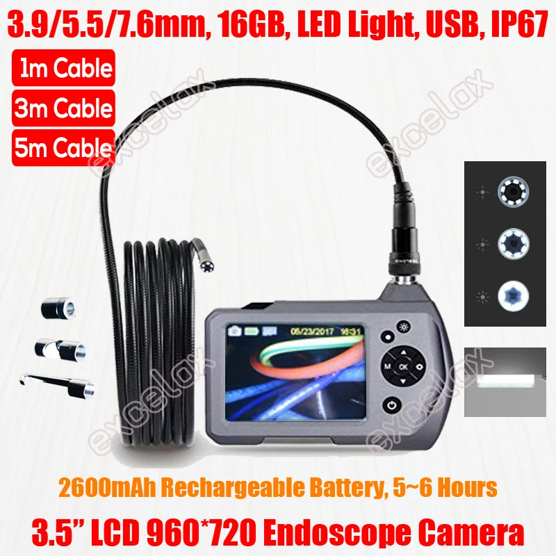 IP67 1440x1080 3.5" LCD 3.9mm 5.5mm 7.6mm Industrial Endoscope Pipe Inspection Camera Flashlight Snake Tube Borescope 1M 3M 5M