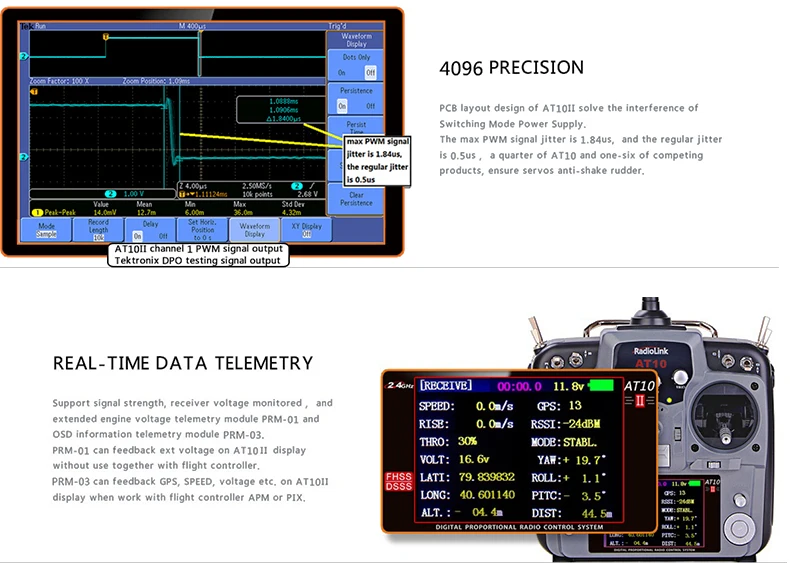 RadioLink AT10 II 2,4 Ghz 12CH дистанционный передатчик с R12DS приемником PRM-01 модуль возврата напряжения батарея RC сделано Квадрокоптер