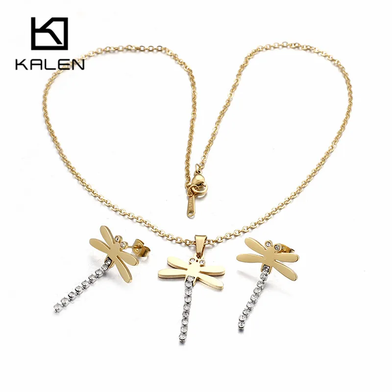 

Kalen Rhinestone Dragonfly Jewelry Sets Stainless Steel Dragonfly Pendant Necklace & Earrings Set For Women Children's Day Gifts