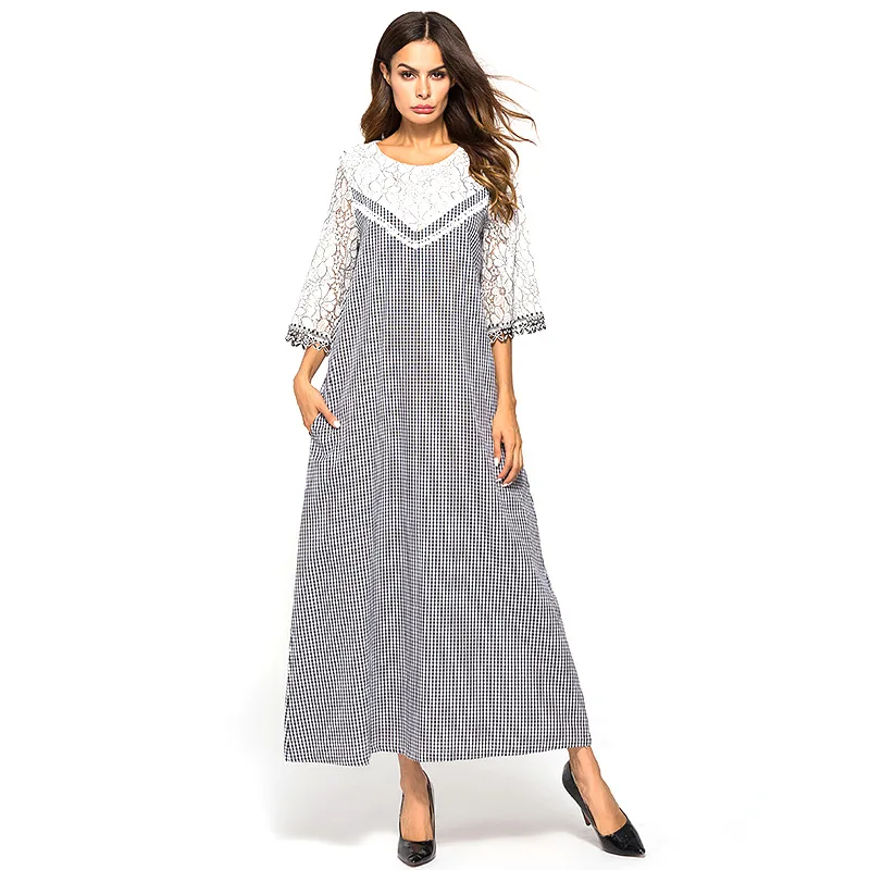 

Elegant Lace Abaya Plaid Muslim Maxi Dress Long Sleeve Robe Gowns Moroccan Arab Islamic Middle East Turkey Islamic Clothing