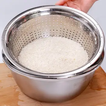 

304 stainless steel basin Round kitchen household basin set Thicken and basin drain basket fruit bowl sink