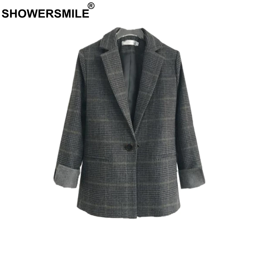 

SHOWERSMILE Women Blazers And Jackets Wool British Plaid Suits Slim Single Button Houndstooth Brand 2018 Spring Ladies Blazers