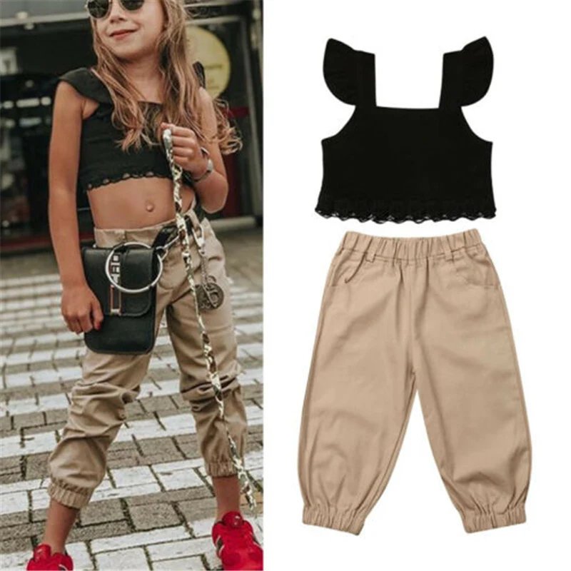

Fashion England Style 2pcs Toddler Baby Kid Girl Clothes Sets 1-5Y Sleeveless Black Lace Crop Tops T-shirt+Long Pants Outfit Set