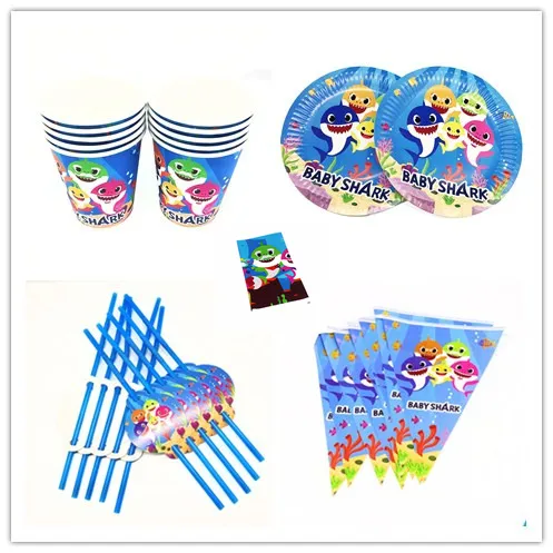 

62pcs Baby Fish Birthday Party Disposable Tableware Sets Paper Cup Plates Straw Tablecloth Flag Banner Pack