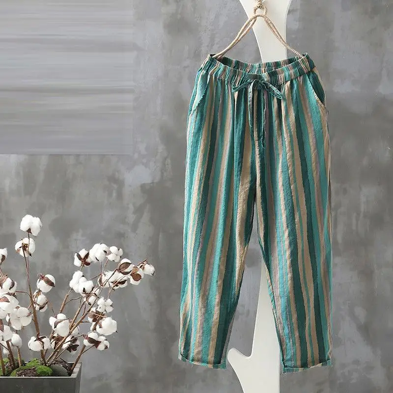 Summer Fashion Women Pants Plus Size Loose Casual Elastic Waist Striped Harem Pants Vintage Cotton Linen Ankle-length Pants D125 - Цвет: green