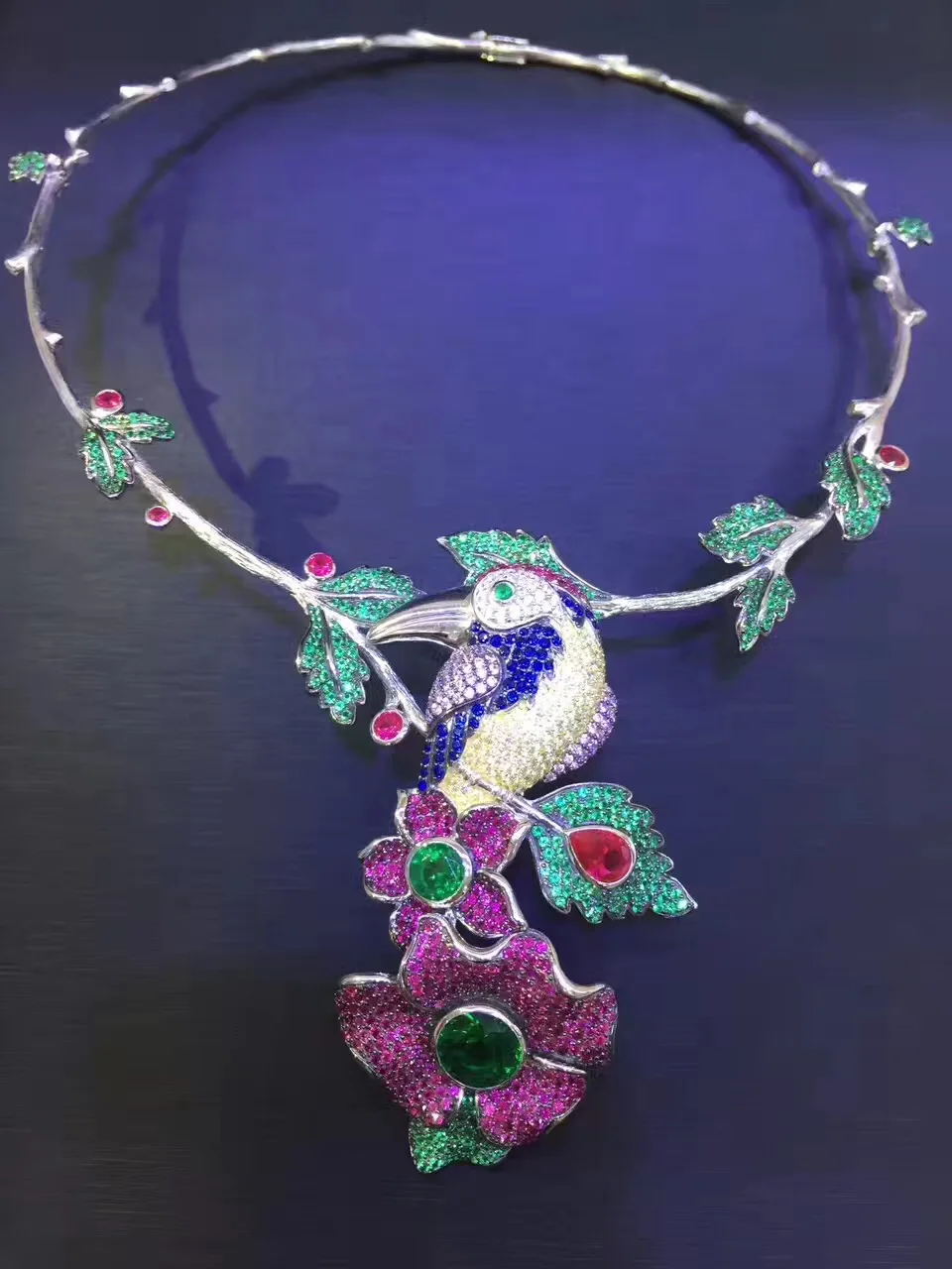 925 sterling silver with cubic zircon bird and flower torques necklace