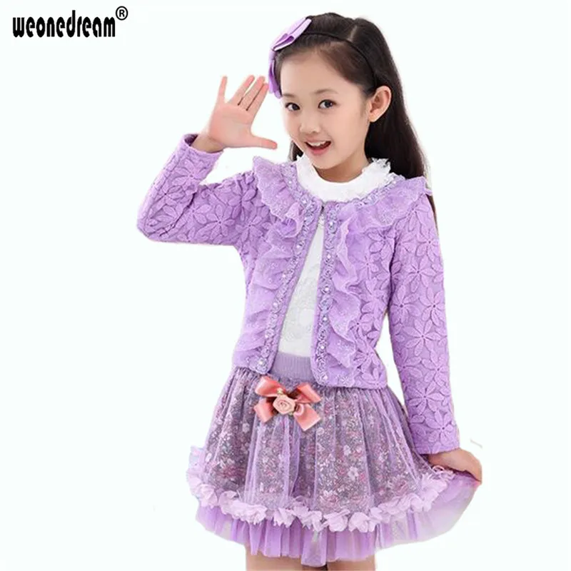 

WEONEDREAM 2018 Fashion Spring Girls Clothes Set 3 Pieces Suit Girls Lace Coat + White T Shirt + Tutu Skirt Kids Clothes