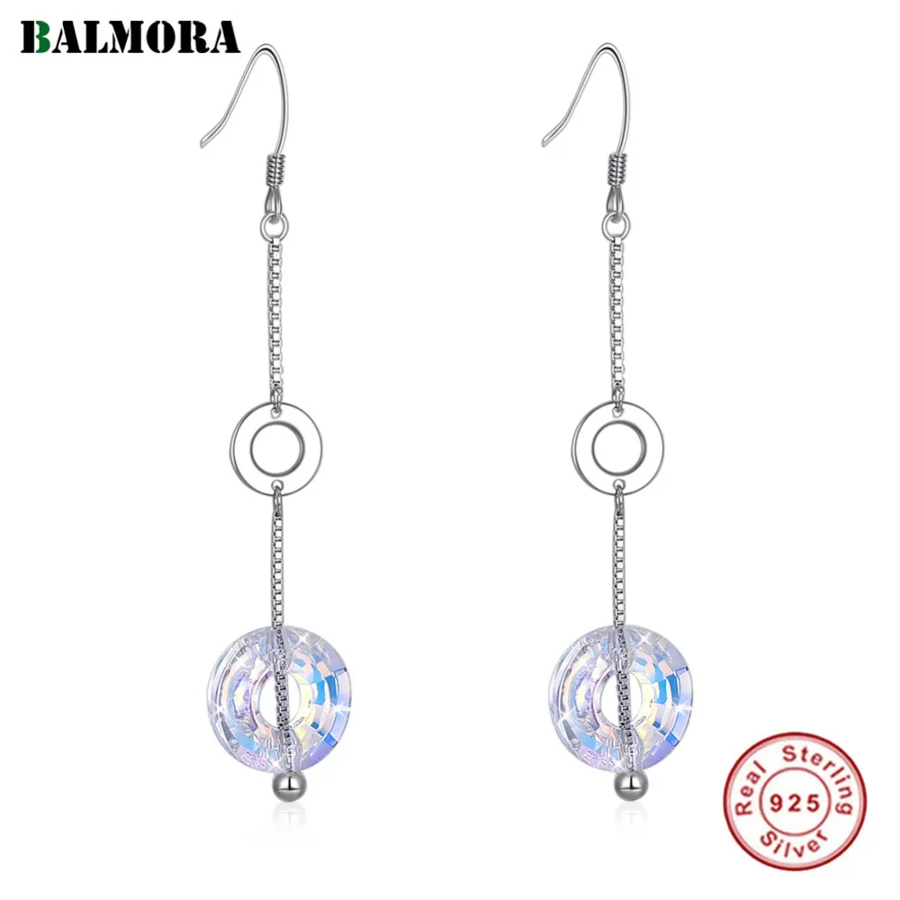 

BALMORA 925 Sterling Silver Crystal Circle Long Dangle Earrings for Women Party Gift Simple Fashion Ear Jewelry Brincos SVE610