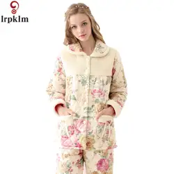 Новое поступление для женщин Зимний пижамный комплект утолщение стеганые Пижама с цветком дамы пижамы с длинными рукавами комплект одежды