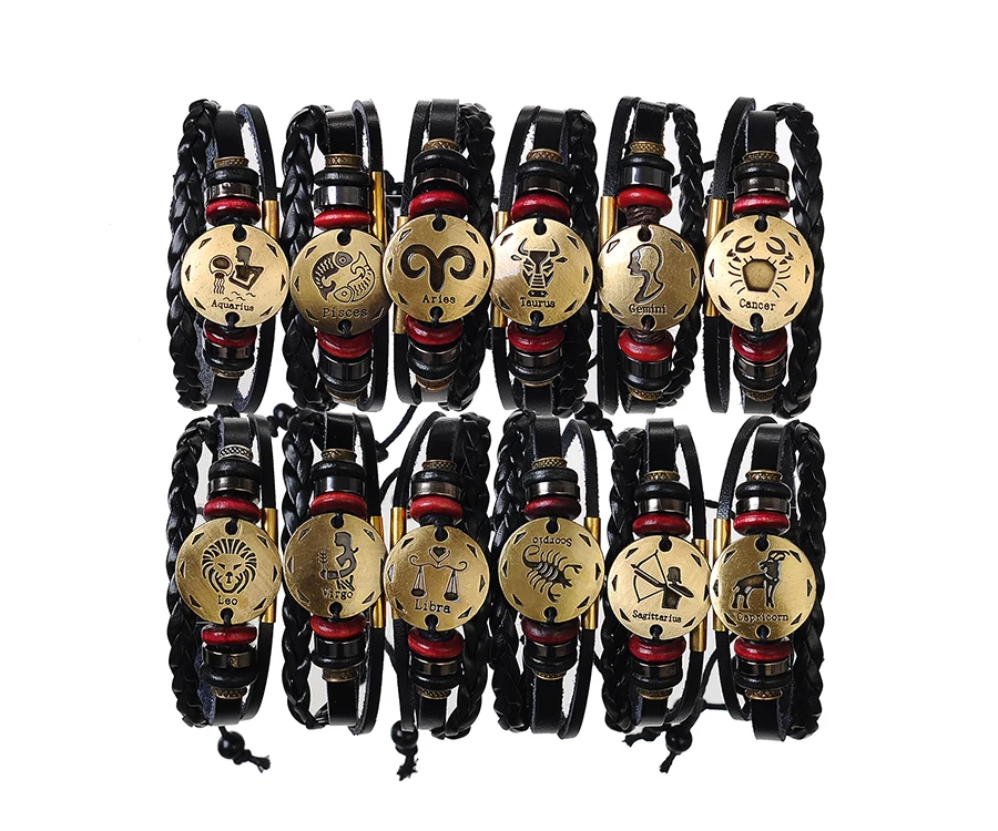 12 Zodiac Signs Cuff Leather Bracelet Men Femme Charms For Women Jewelry Couple Lovers Fits For Original Bracelets & Bangles 2