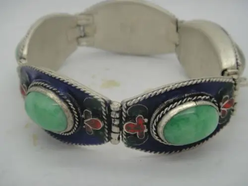 

fast shippingCHINESE VINTAGE HANDWORK TIBETAN TIBET-SILVER INLAY GREEN JADECLOISONNE BRACELET