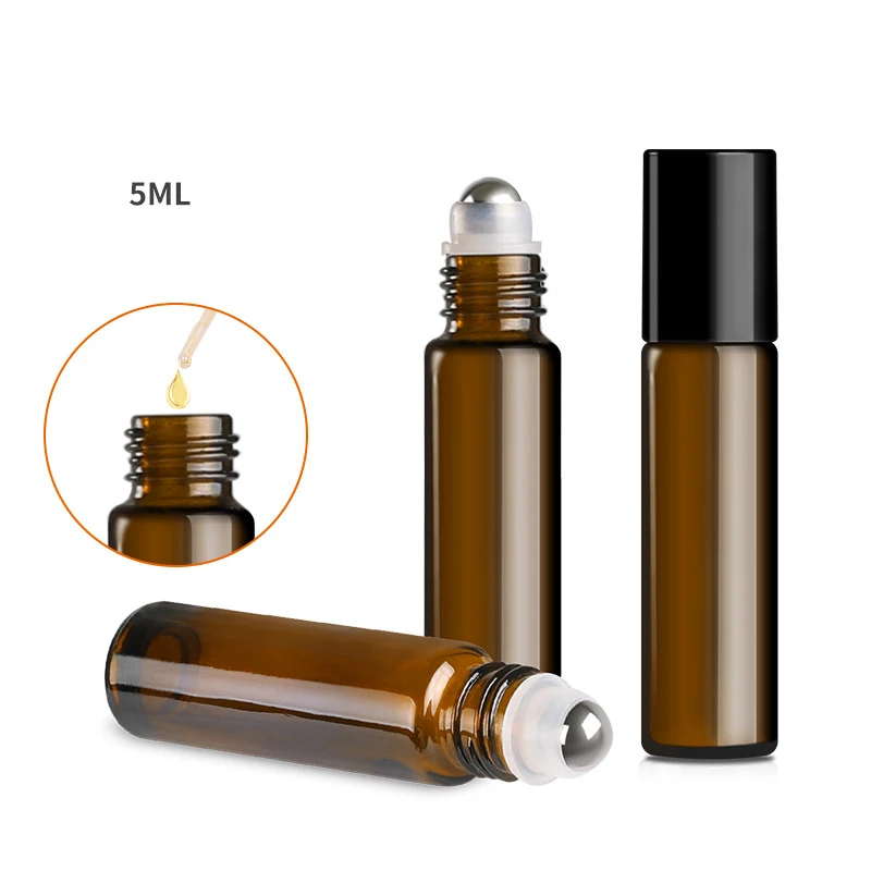 12pcs 5ml Mini Glass Roll-On Essential Oil Bottles Refillable Roller Ball Bottle Brown Blue Glass Bottle Empty Perfume Bottles