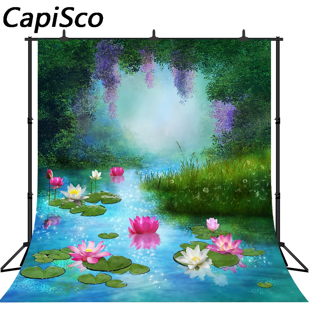 

Capisco Vinyl Photography Backgrounds Tree River Lotus Children Wonderland Spring Summer Season Decor Backdrop for Photo Studio