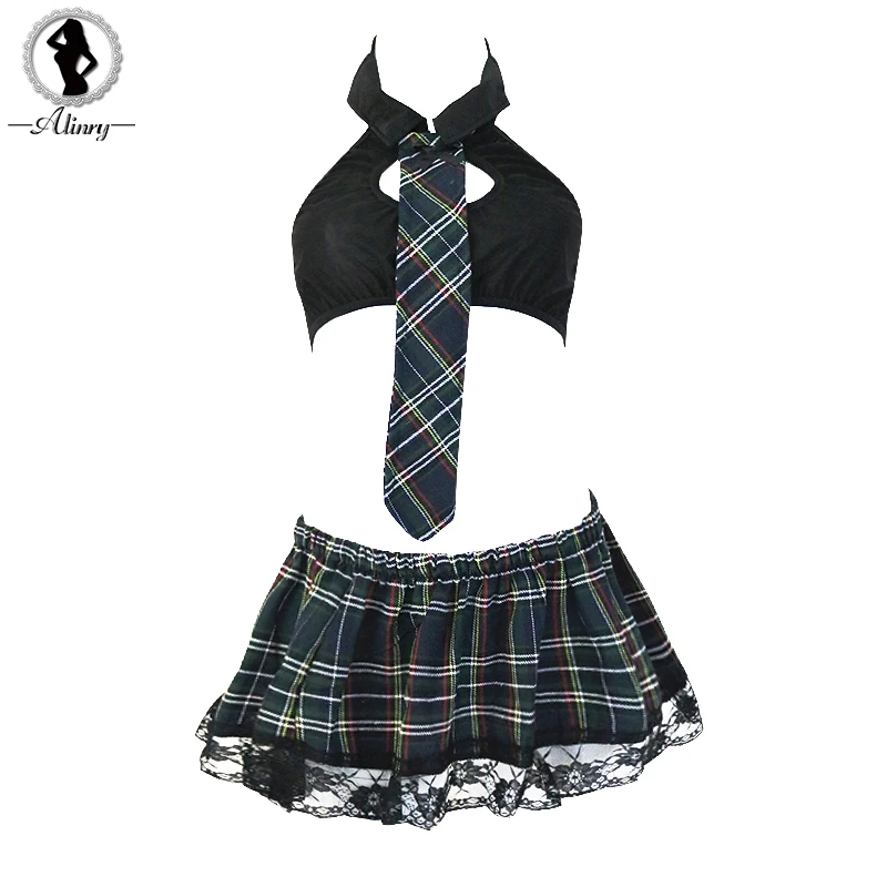 ALINRY plus size sexy lingerie women plaid student uniform erotic underwear sleepwear cosplay hollow-out halter sexy costumes