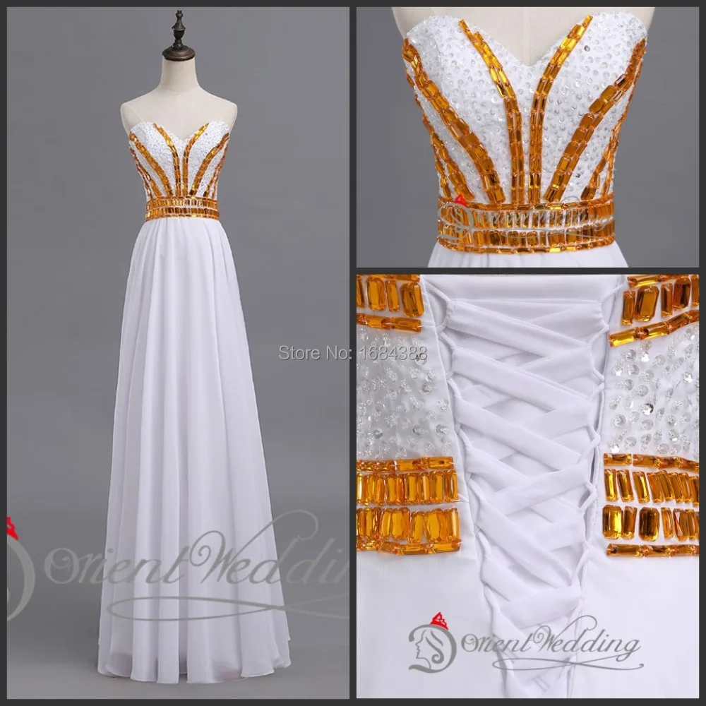 Free Shipping Sexy White Chiffon Long Prom Dresses With Gold Beaded