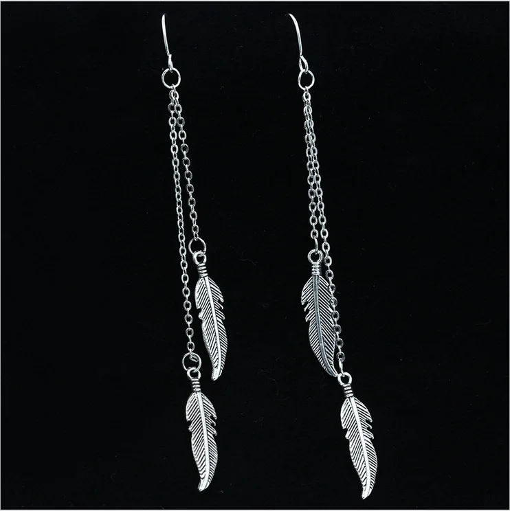 

Boho Feather Design Long Chain Hanging Earrings Antique Silver Gold Hook Dangling Earring For Women Pending Jewelry Brincos
