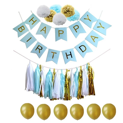 Один набор «С Днем Рождения» плакатная бумага Pom Бумажная гирлянда золотые воздушные шары фон для фотосъемки с изображением украшение на день рождения, вечеринку для дома Бумага - Цвет: Light Blue