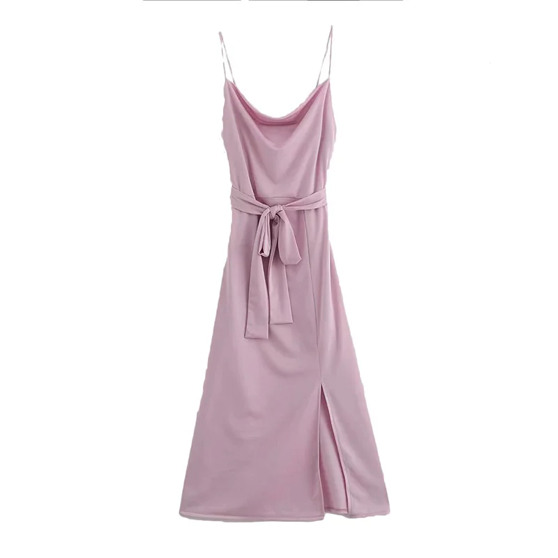 

Summer Women Sling Dress Women Solid Casual Sleeveless Waist Belt Dress Silk Satin Texture A-Line Slim Mid-Calf Female Sundress