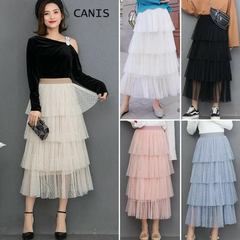 New Fashion Summer Skirts Women Dot Lace Tiered High Waist Pleated Mesh Princess Skirts High Waist Party Skirts