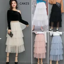 New Fashion Summer Skirts Women Dot Lace Tiered High Waist Pleated Mesh Princess Skirts High Waist Party Skirts
