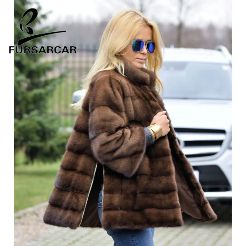 Fursarcar 2021 Real Mink Fur Coats Women With Fur Collar Detachable